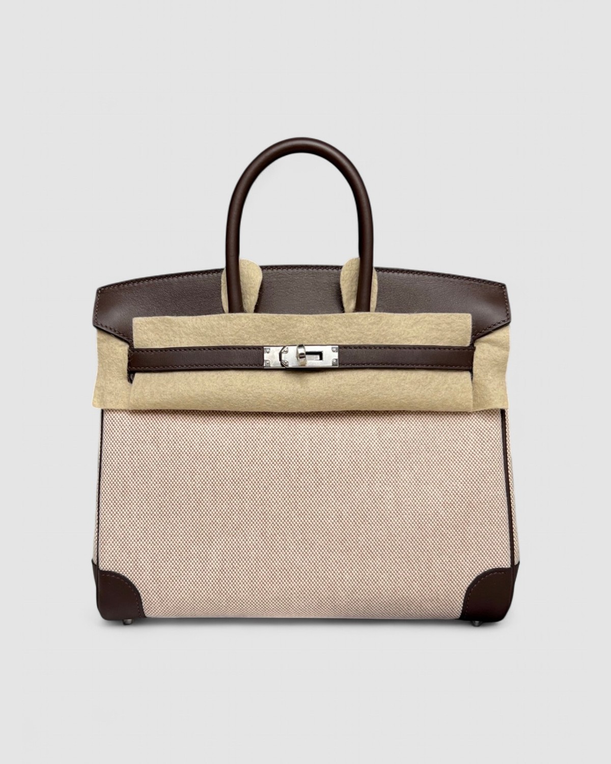 Hermes Birkin 25 Toile Mocha Swift / Canvas Palladium Hardware front view
