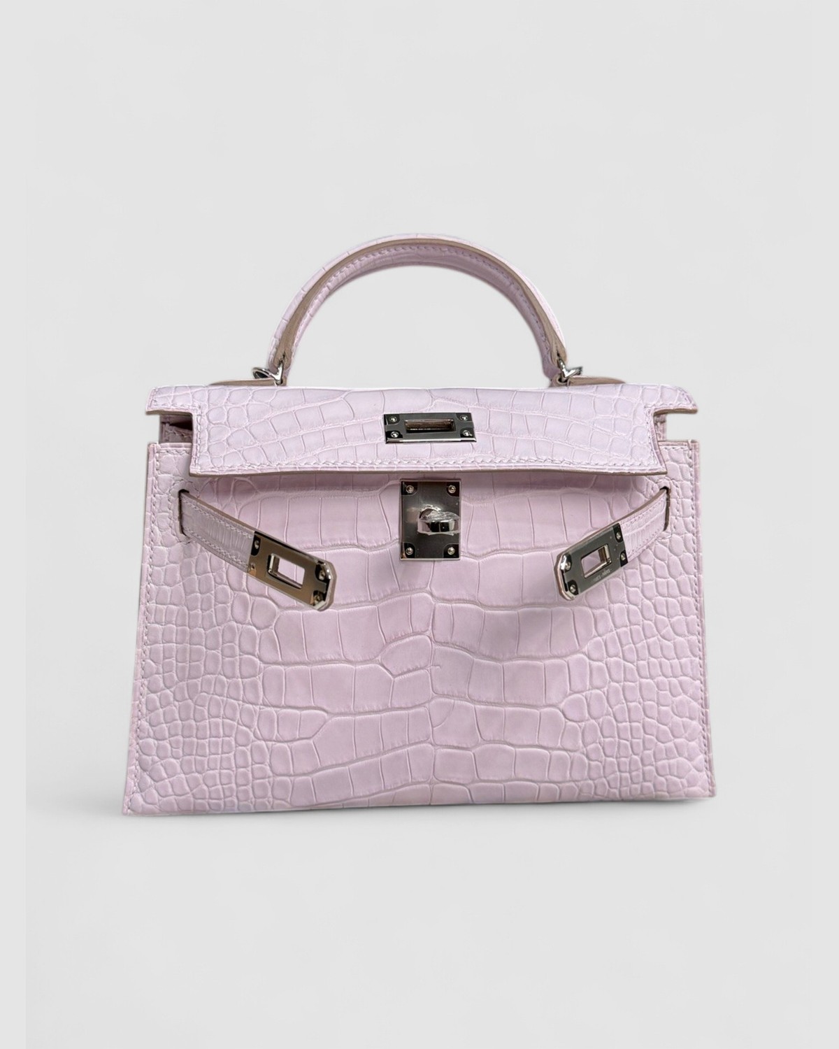 Hermes Mini Kelly K20 Mauve Pale Boreal Matte Croc Palladium Hardware front view