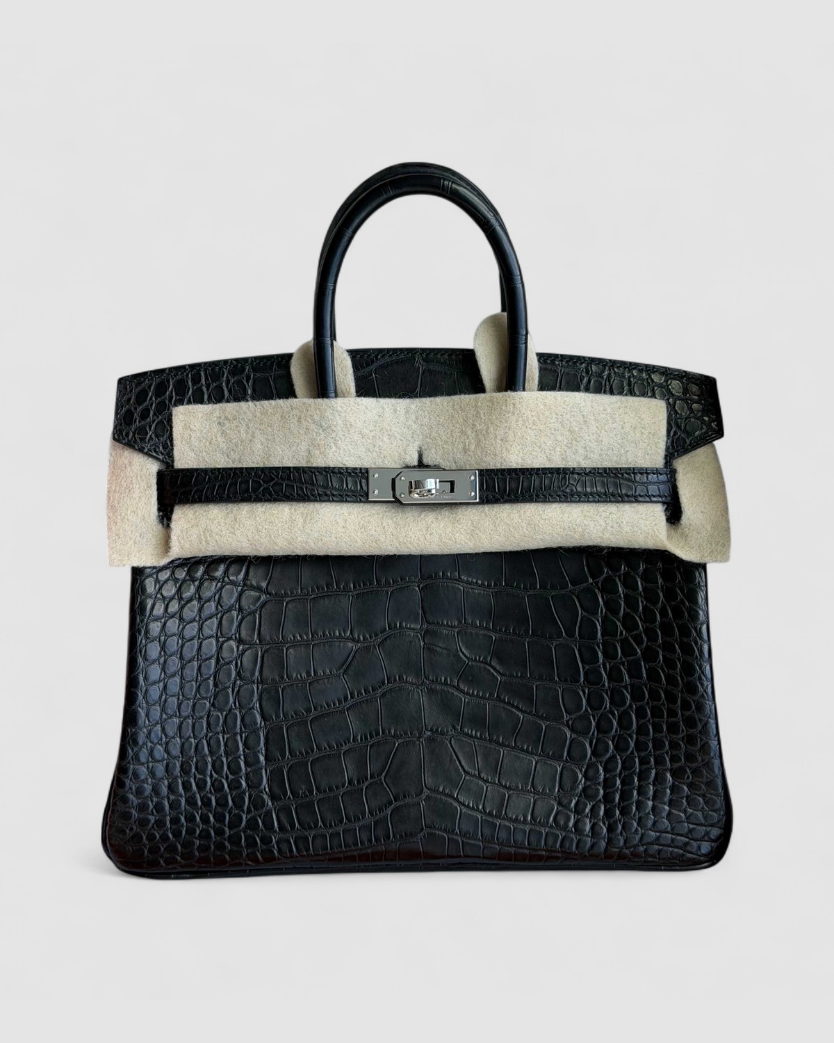 Hermes Birkin 25 Black Matte Alligator Croc Palladium Hardware front view