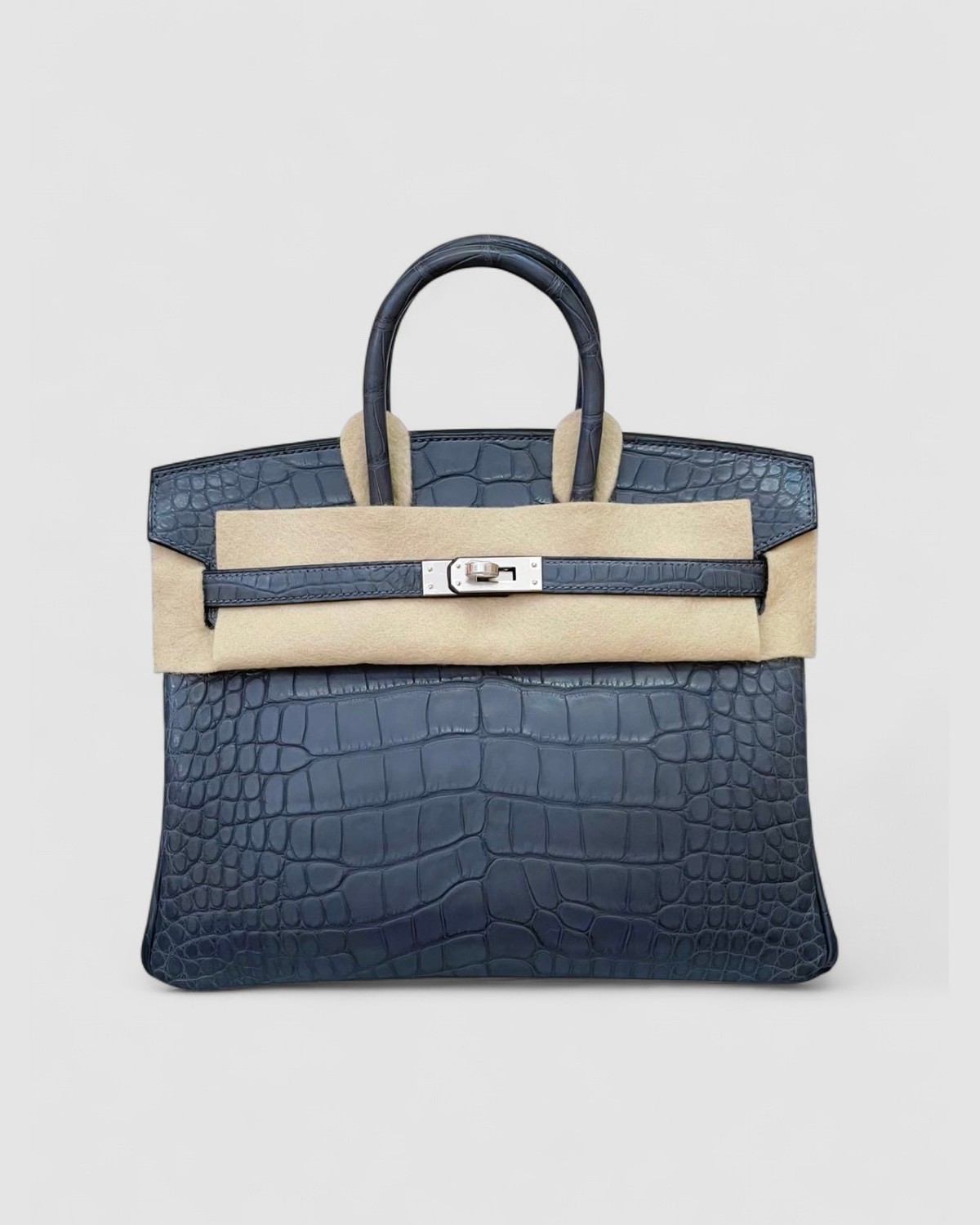 Hermes Birkin 25 Gris Misty Matte Alligator Croc Palladium Hardware front view