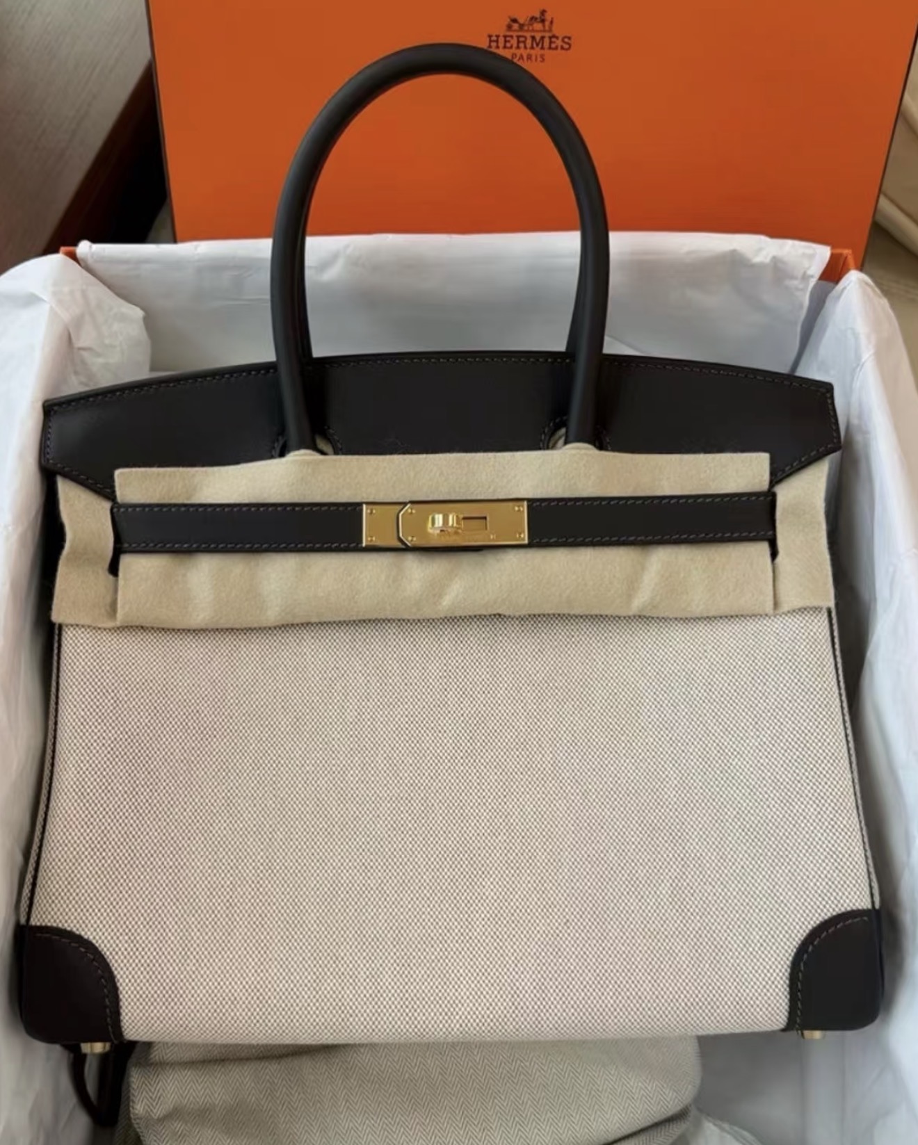 Hermes Birkin 30 Toile Mocha Swift / Canvas Palladium Hardware front view