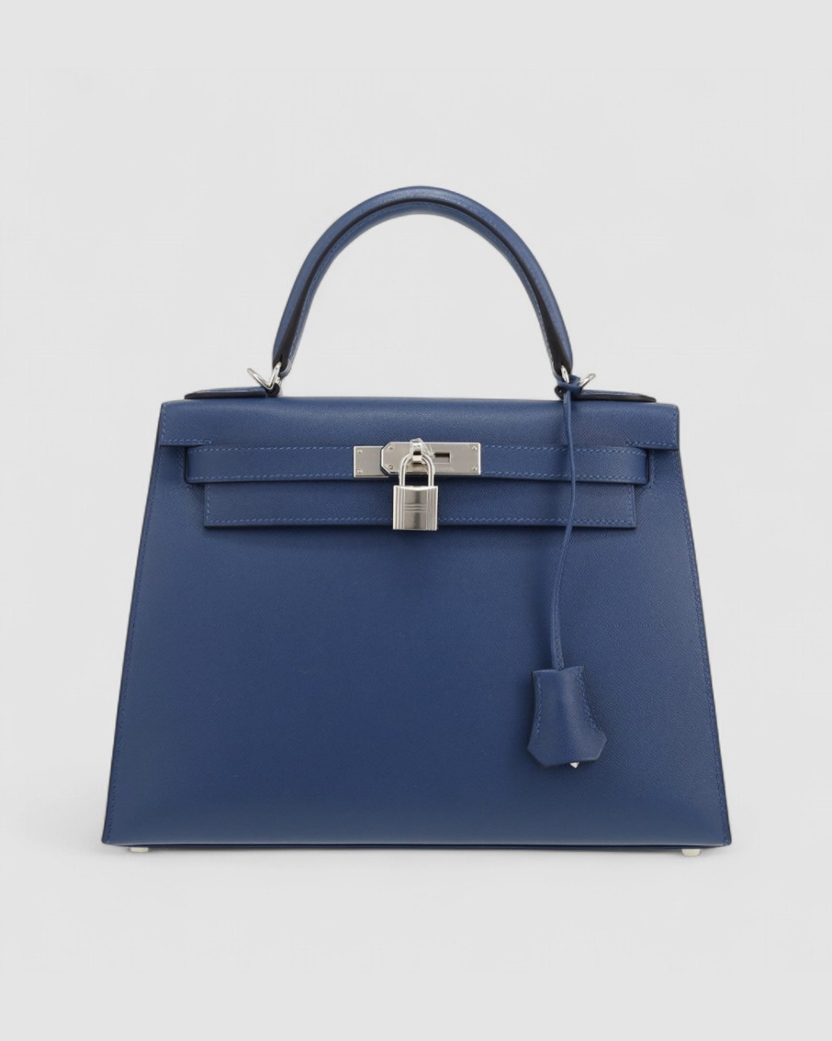 Hermes Kelly 28 Blue Tie Madame Palladium Hardware front view
