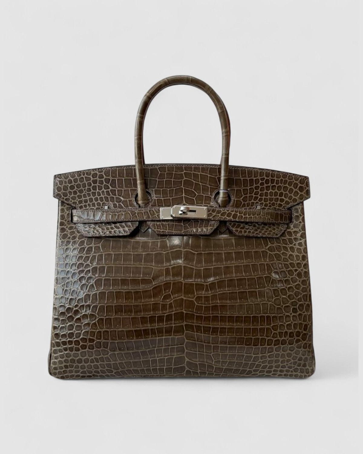Hermes Birkin 35 Gris Elephant Shiny Porosus Croc Palladium Hardware front view