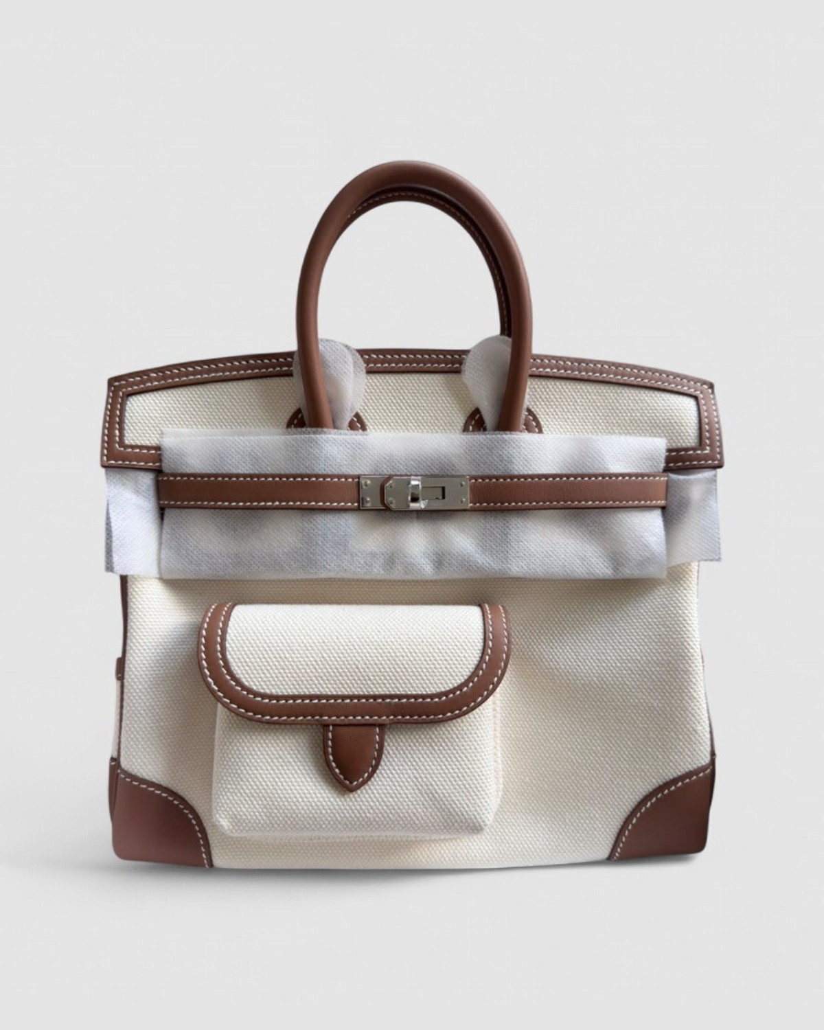 Hermes Birkin 25 Cargo Vanilla Swift / Canvas Palladium Hardware front view