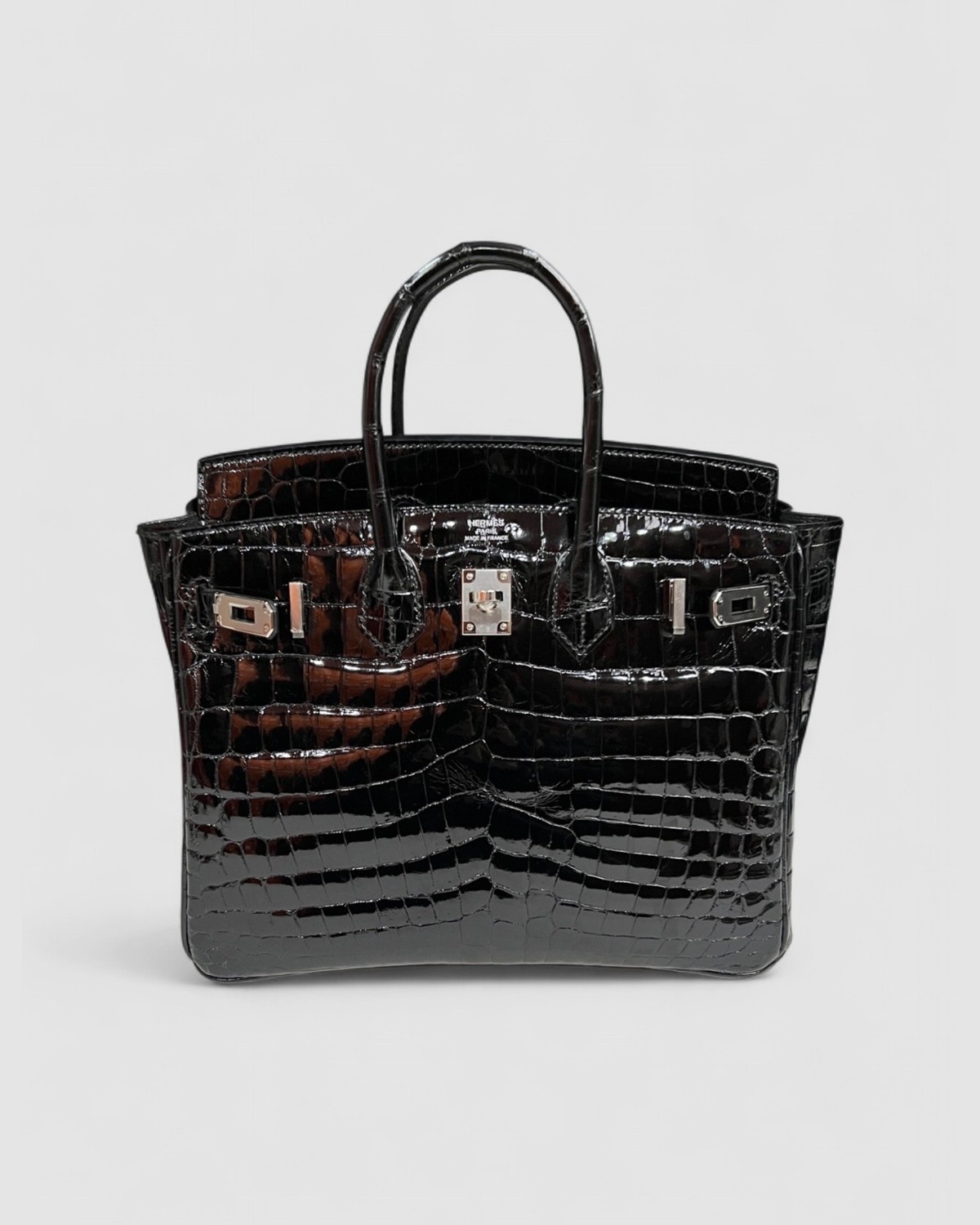 Hermes Birkin 25 Black Shiny Nilo Croc Palladium Hardware front view