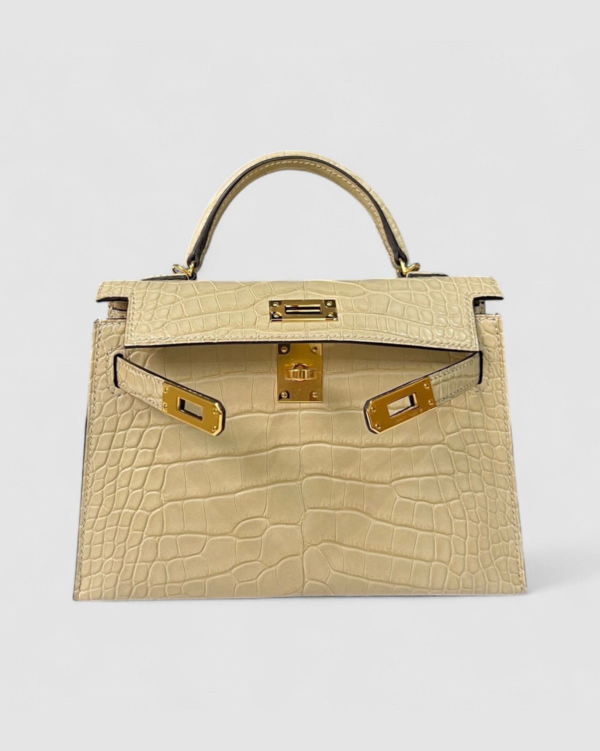 Hermes Mini Kelly K20 Trench Matte Alligator Croc Gold Hardware front view