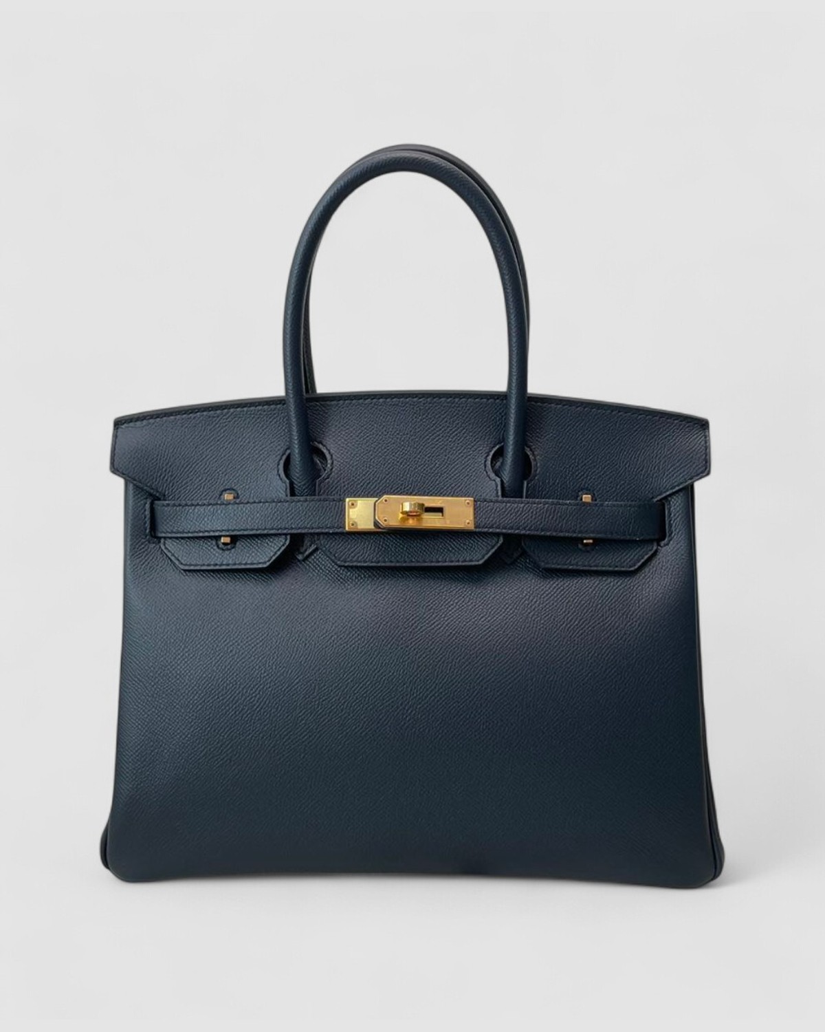 Hermes Birkin 30 Blue Nuit Epsom Retourne Gold Hardware front view