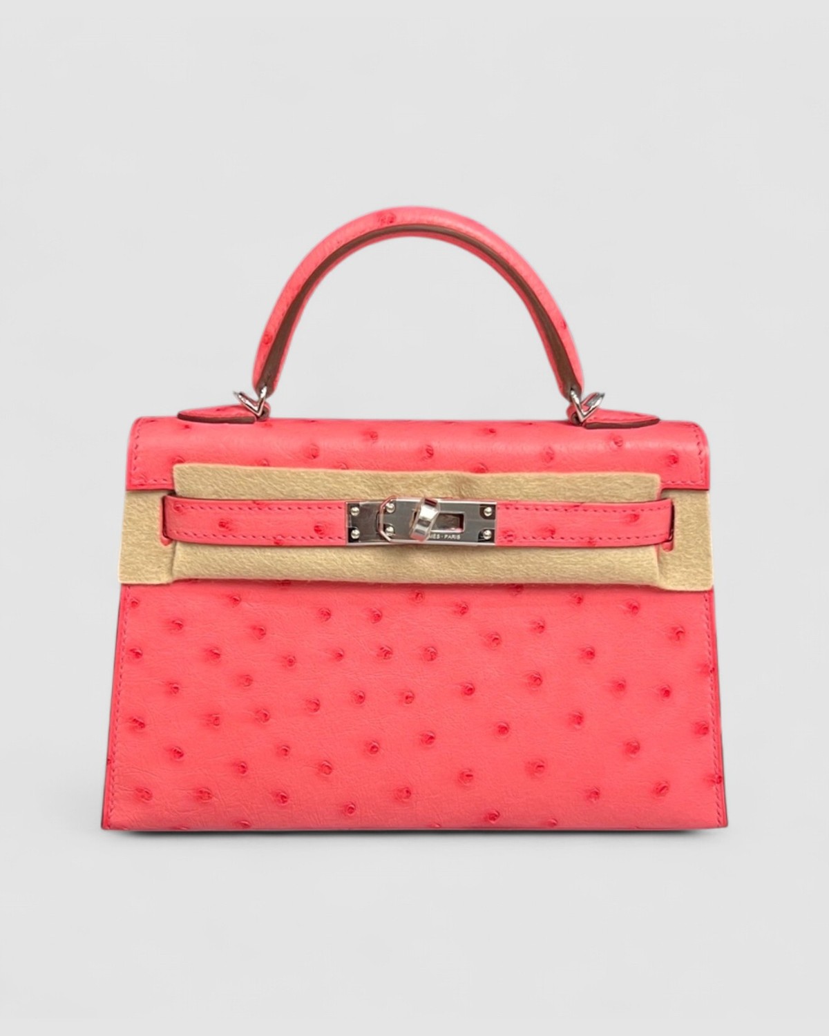 Hermes Mini Kelly K20 Rose Azalee Ostrich Palladium Hardware front view