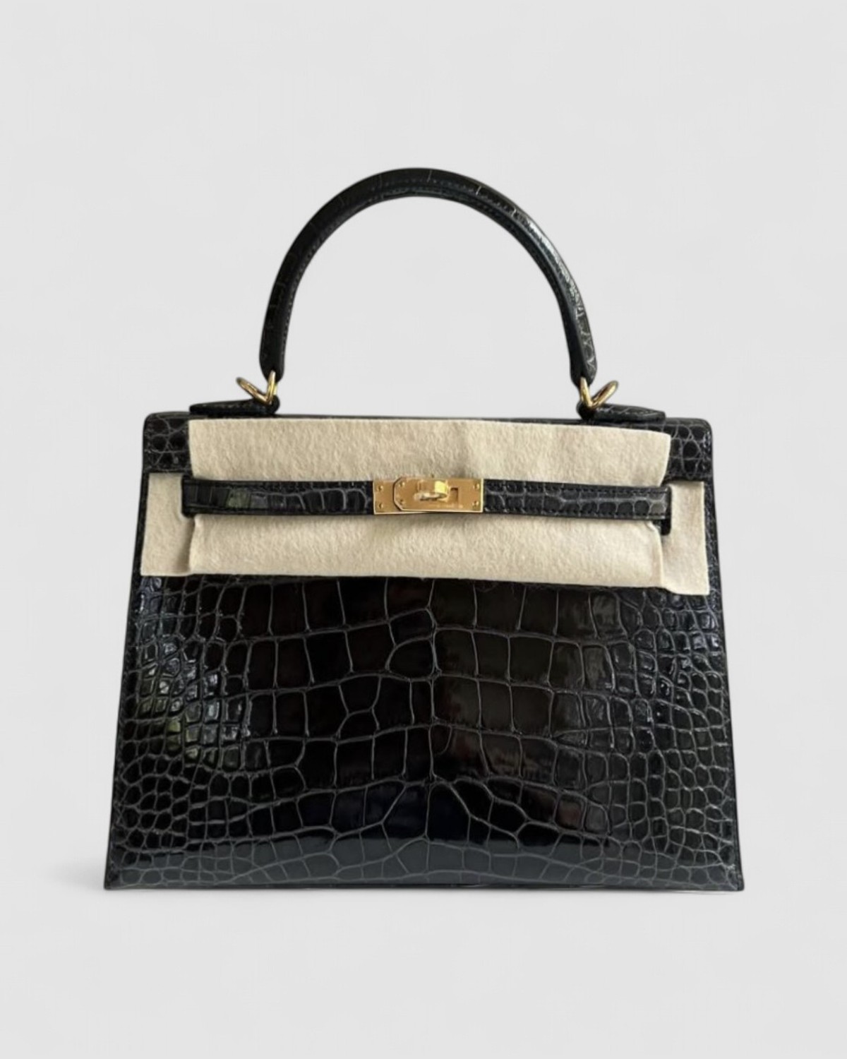 Hermes Kelly 25 Graphite Shiny Croc Gold Hardware front view