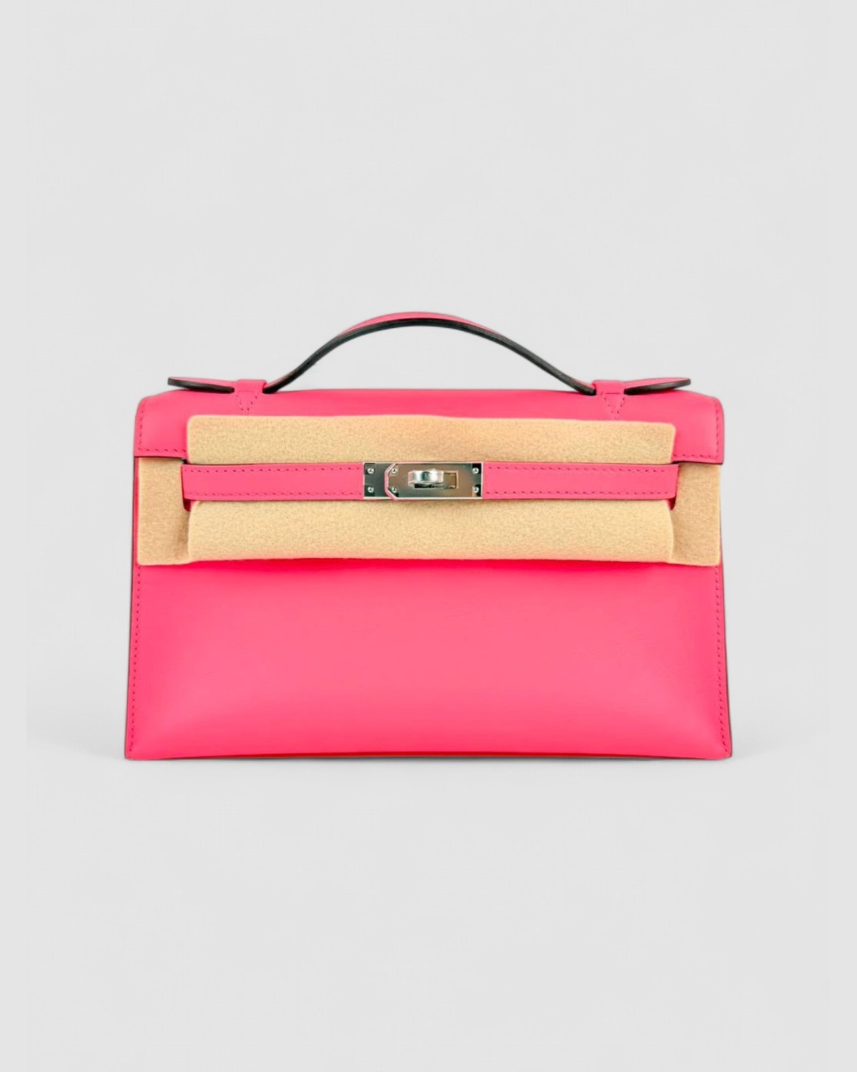 Hermes Kelly Pochette KP Rose Azalee Swift Palladium Hardware front view