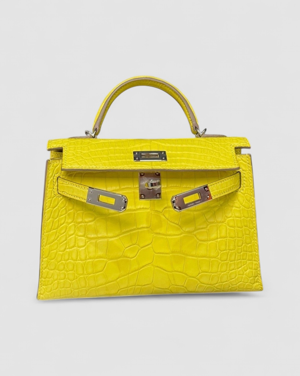 Hermes Mini Kelly K20 Lime Matte Alligator Croc Palladium Hardware front view