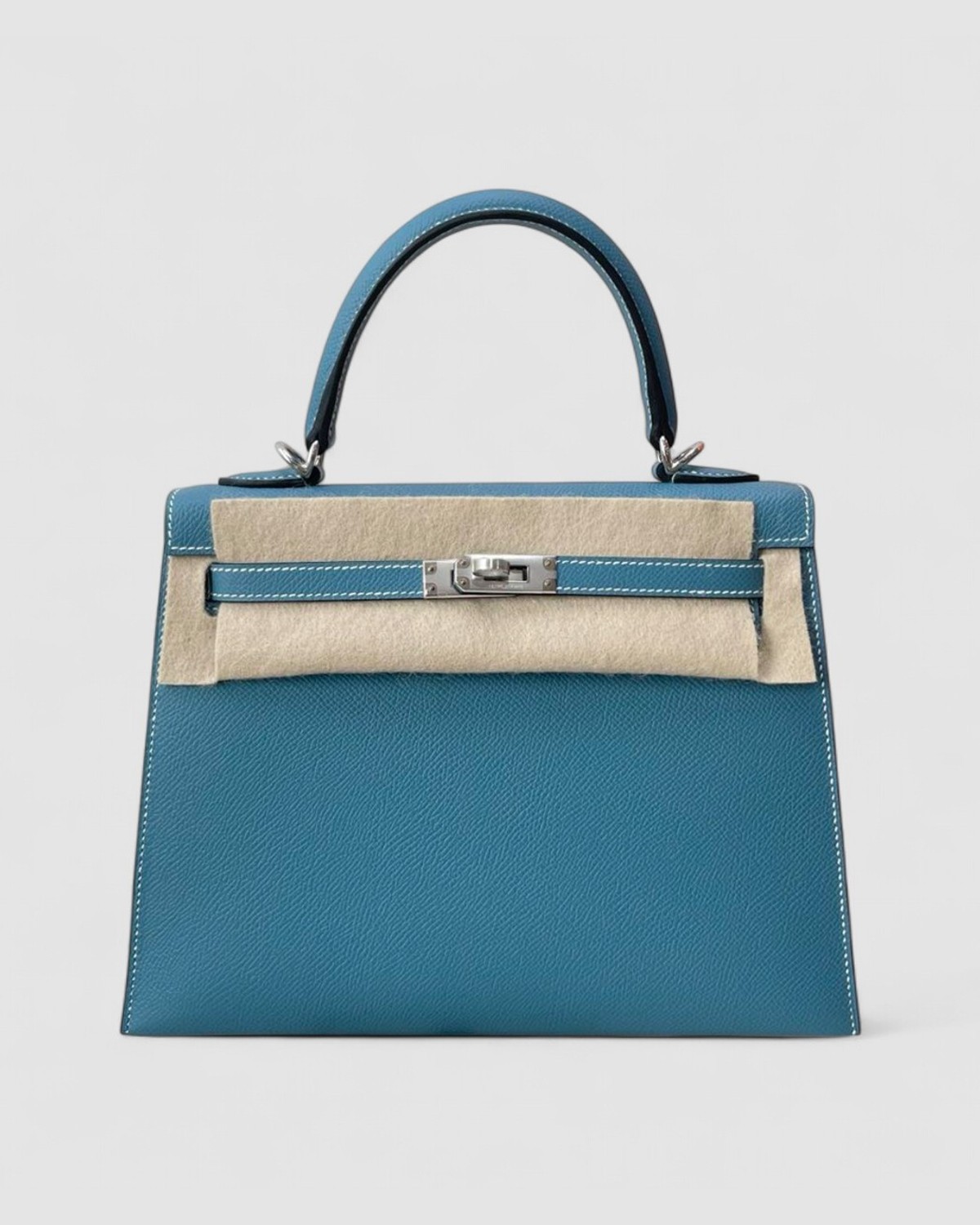 Hermes Kelly 25 Blue Jean Epsom Palladium Hardware front view