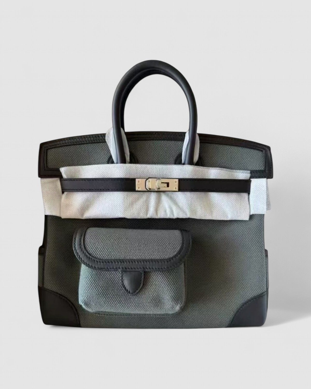 Hermes Birkin 25 Cargo Vert Mangrove Swift / Canvas Palladium Hardware front view