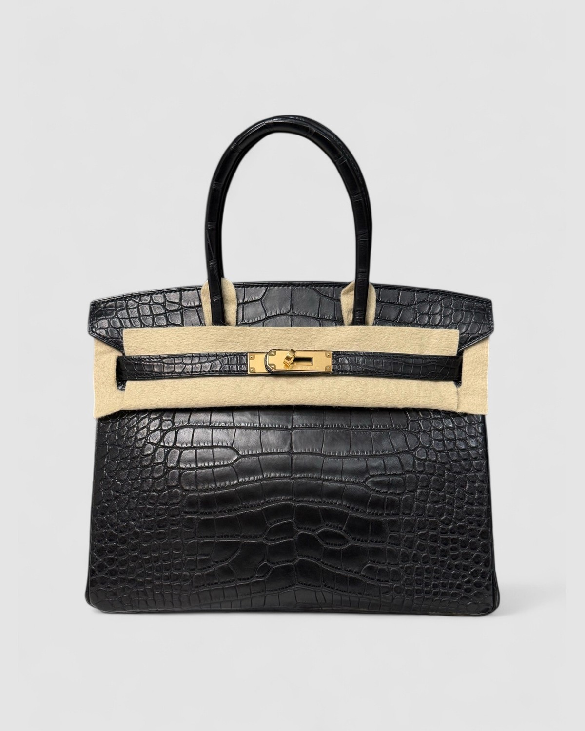 Hermes Birkin 30 Black Matte Alligator Croc Gold Hardware front view