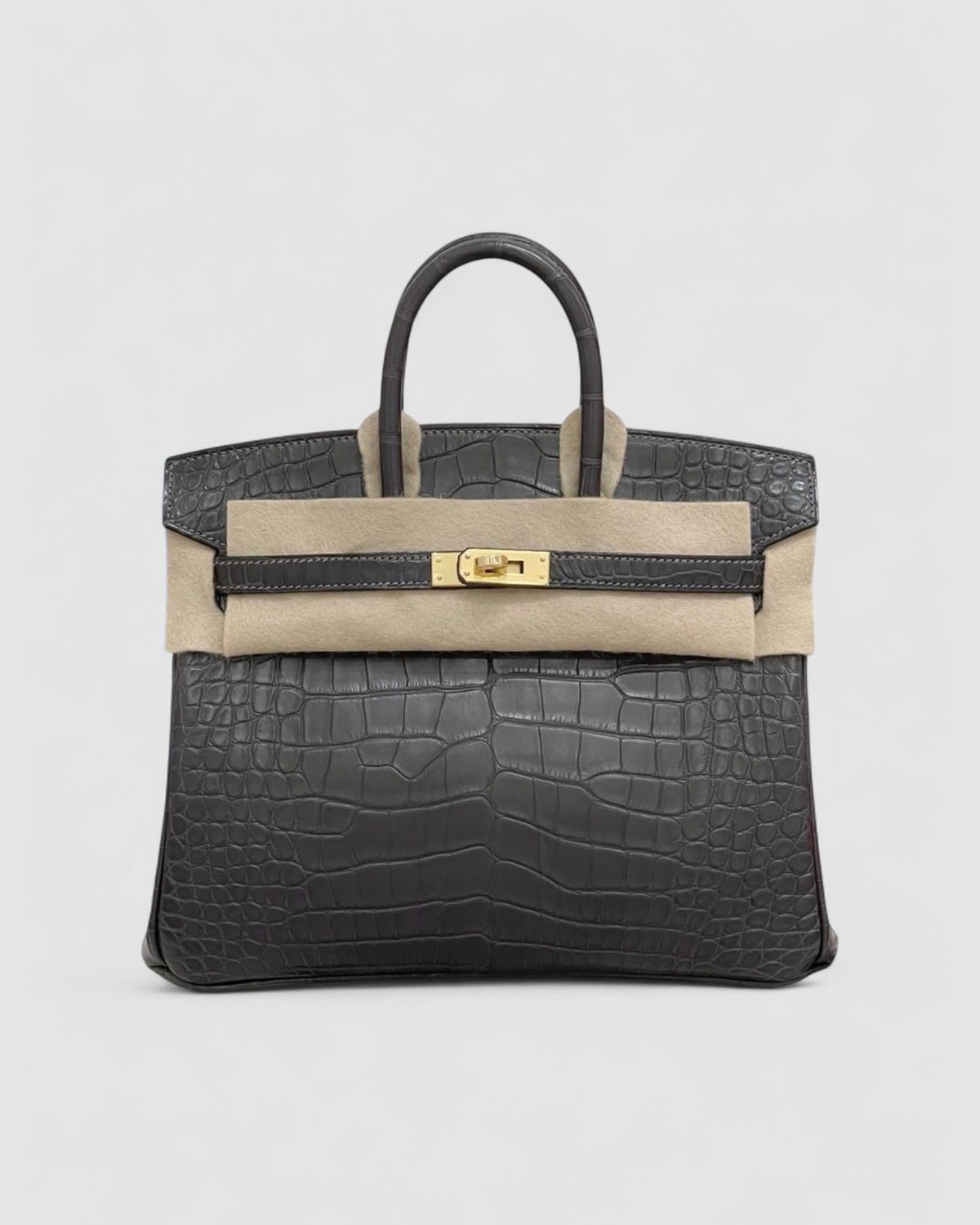 Hermes Birkin 25 Graphite Matte Croc Gold Hardware front view