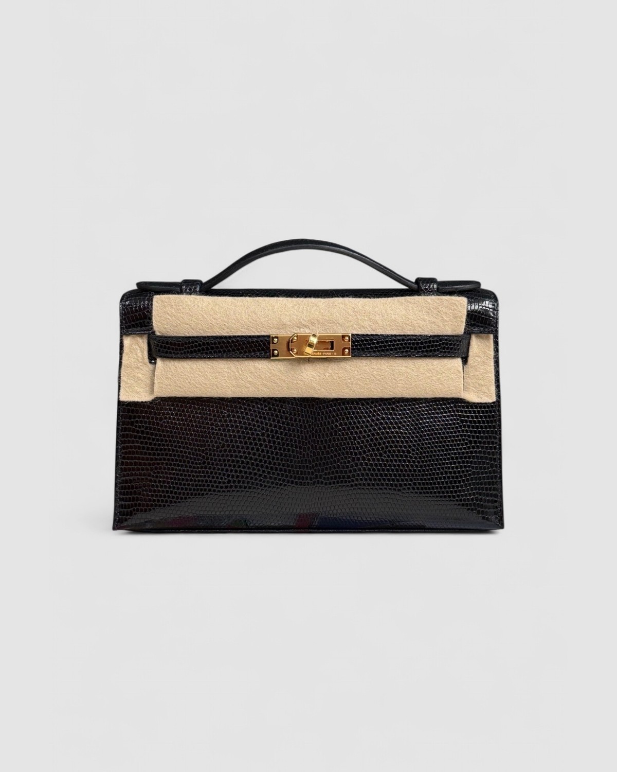 Hermes Kelly Pochette KP Black Lizard Gold Hardware front view